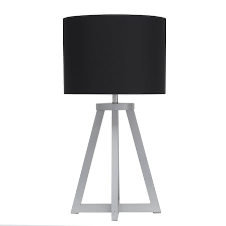 Interlocked Triangular Gray Wood Table Lamp With Black Fabric Shade
